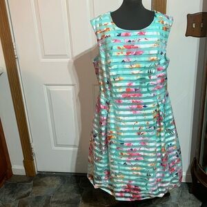 Sandra Darren Sleeveless Teal Turquoise Pink Floral Striped Dress Size 18W